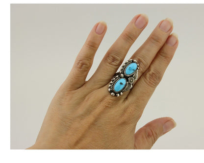 Navajo Ring 925 Silver Natural Blue Turquoise Native Artist Signed SC C.80's