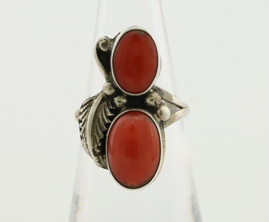 Navajo Ring 925 Silver Natural Mediterranean Coral Artist Signed A C.80's