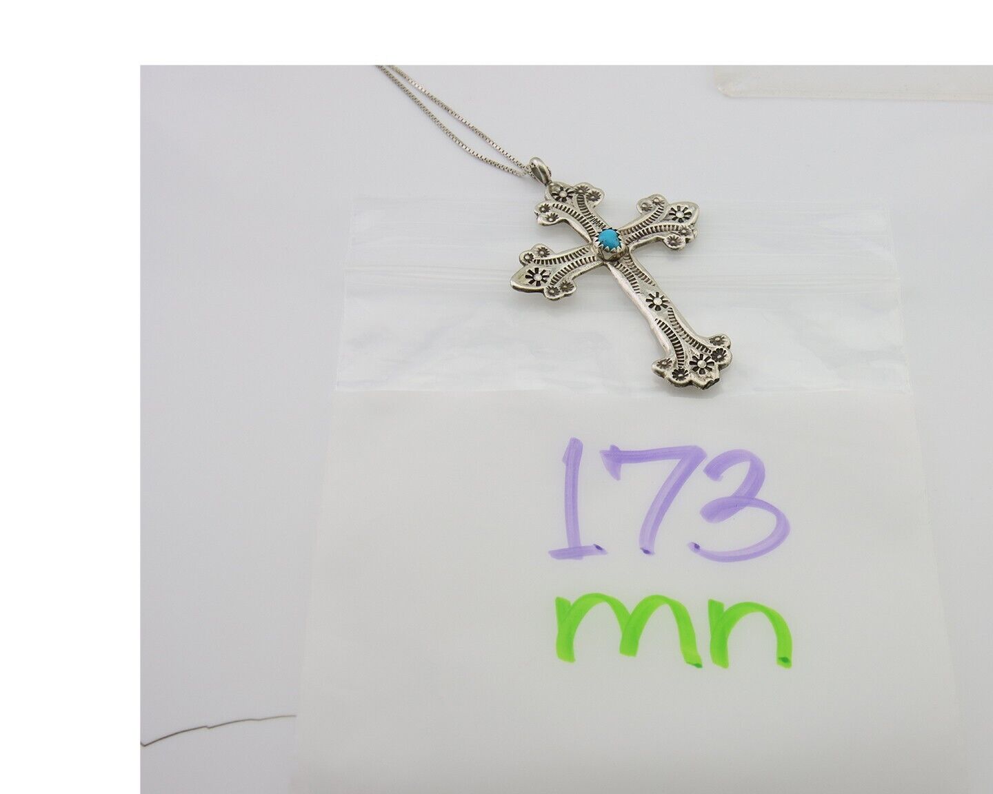 Navajo Cross Hand Stamped Necklace 925 Silver Turquoise Native Artist C.80's