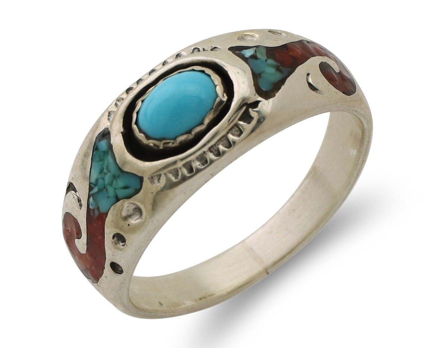 Navajo Ring 925 Silver Turquoise & Coral Natural American Artist C.80's