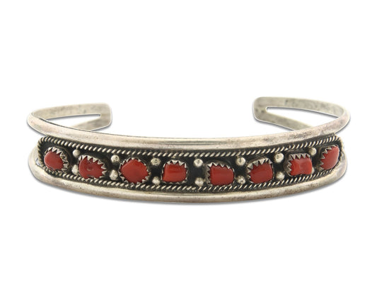 Vintage Navajo Bracelet 925 Silver Red Coral Handmade Signed I. D.