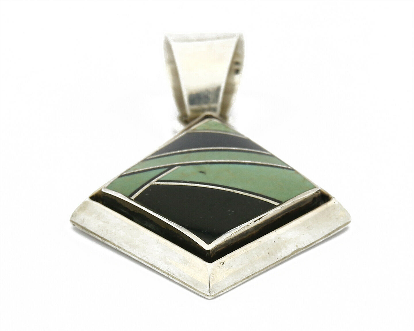 Navajo Inlaid Black Jet & Green Turquoise Shadow Box .925 Silver Pendant