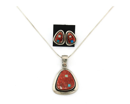 Navajo Necklace Earring Set Sterling Silver Turquoise Vintage Signed Feather