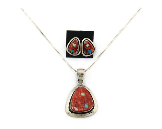 Navajo Necklace Earring Set Sterling Silver Turquoise Vintage Signed Feather