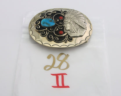 Navajo Belt Buckle .999 Nickel Buffalo Gemstone Signed 2.35 x 3.0 in C.80's