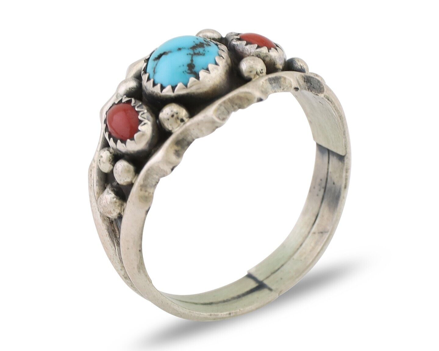 Navajo Ring 925 Silver Coral Turquoise Artist Signed SC C.80's