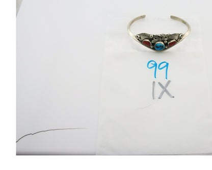 Navajo Cuff Bracelet Sterling Silver Natural Coral Turquoise Sign Justin Morris