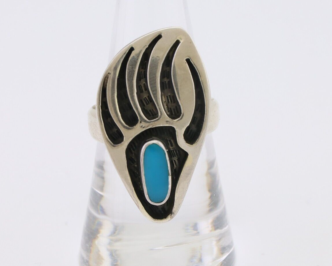 Navajo Badger Paw Ring 925 Silver Turquoise Native American Artist C.80's