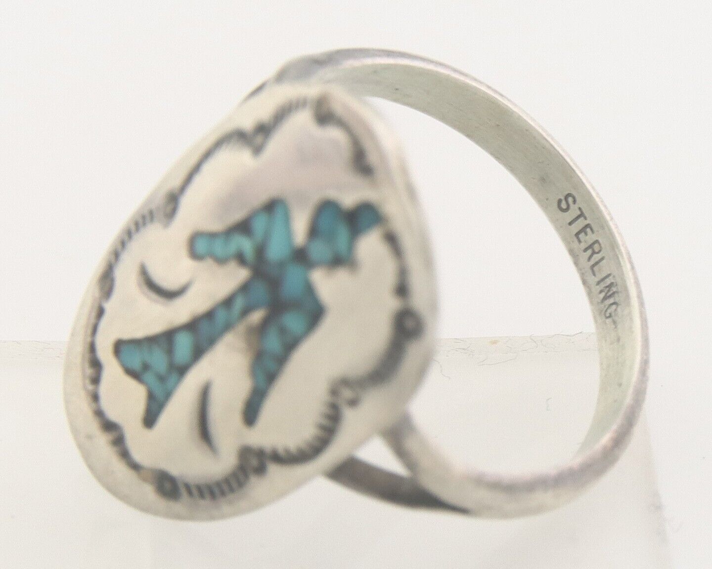 Navajo Ring 925 Sterling Natural Chip Inlay Turquoise C.80's Size 6.0