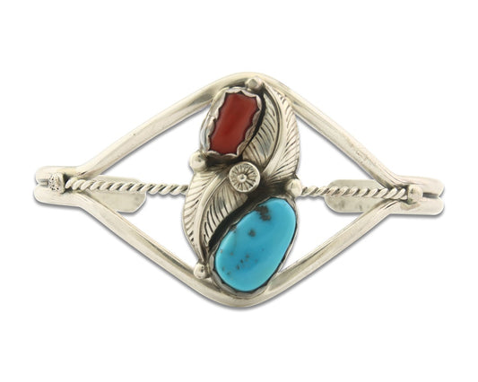 Vintage Navajo Bracelet 925 Silver Red Coral Turquoise Signed Paul J