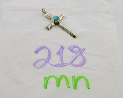 Navajo Sand Cast Cross Pendant 925 Silver Turquoise Artist Signed J Yazzie C.80s