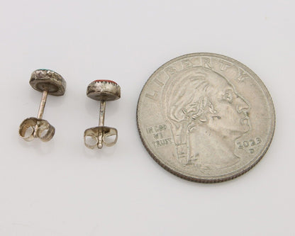 Navajo Earrings 925 Silver Inlaid Natural Onyx & Coral Native Artist C.80's