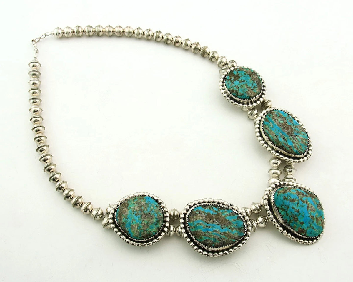 Navajo Squash Necklace Sterling Silver Nalural Kingman Turquoise Signed JR
