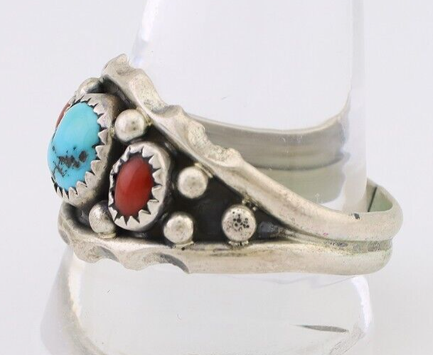 Navajo Ring 925 Silver Coral Turquoise Artist Signed SC C.80's