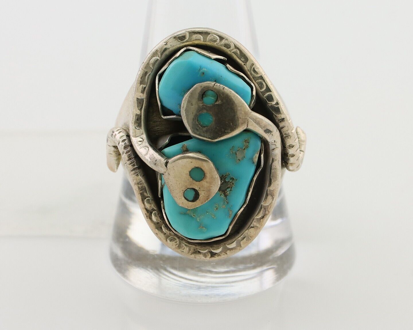 Mens Heavy Zuni Snake Ring 925 Silver Turquoise Signed EFFIE CALAVASA C.80's