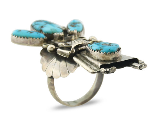 Vintage Navajo Ring Sterling Silver Turquoise Handmade Signed MO Size 10.5