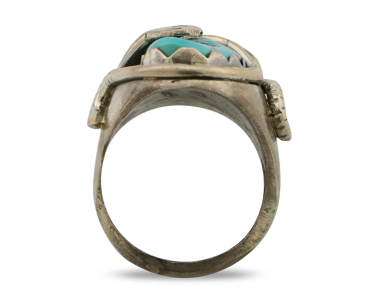 Mens Heavy Zuni Snake Ring 925 Silver Turquoise Signed EFFIE CALAVASA C.80's