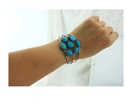 Navajo Cuff Bracelet Sterling Silver Turquoise Vintage Signed BJ