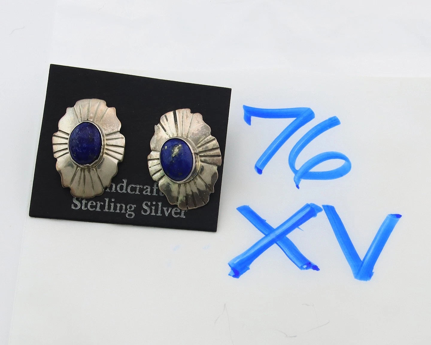 Navajo Concho Earrings Sterling Silver Natural Lapis Vintage Handmade