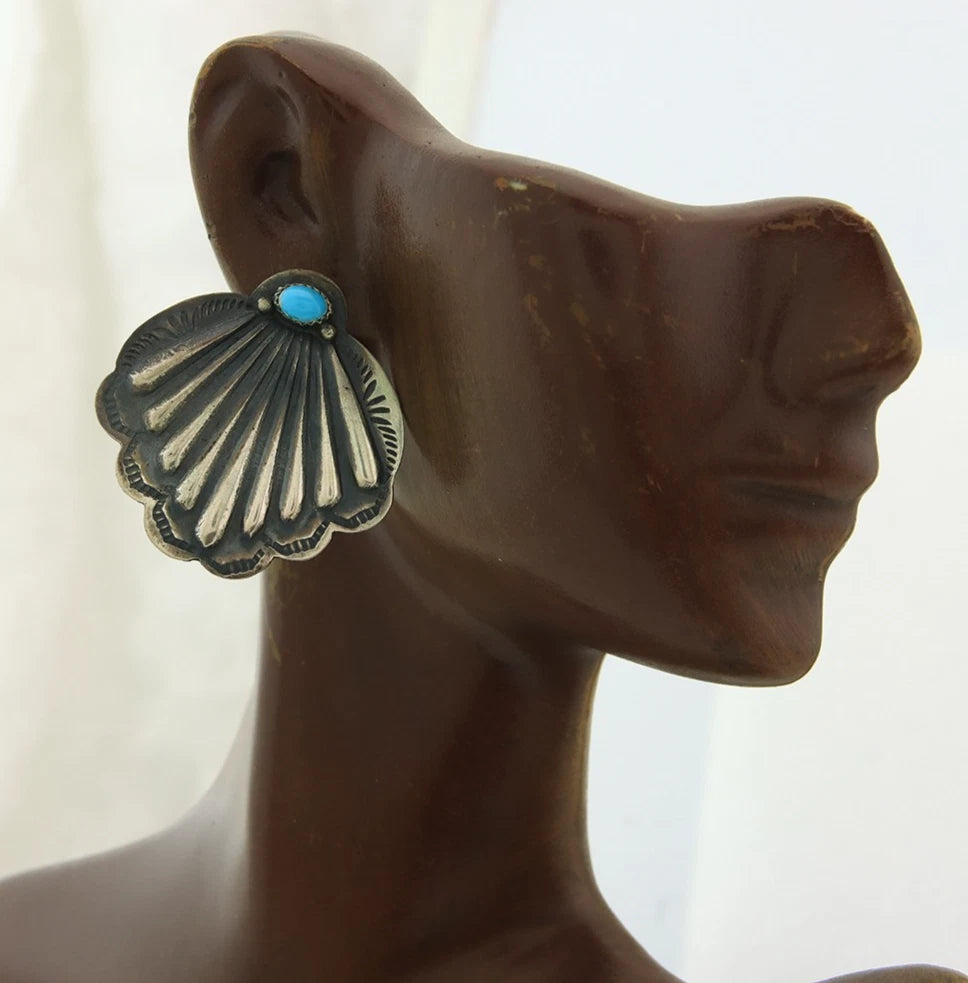 Navajo Dangle Concho Earrings Sterling Silver Natural Turquoise Vintage