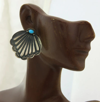 Navajo Dangle Concho Earrings Sterling Silver Natural Turquoise Vintage