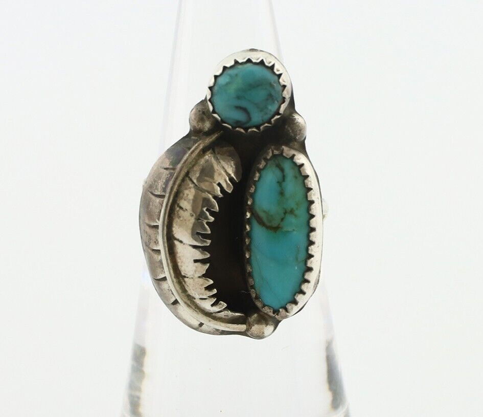 Navajo 2 Stone Ring 925 Silver Kingman Turquoise Native American Artist C.80's