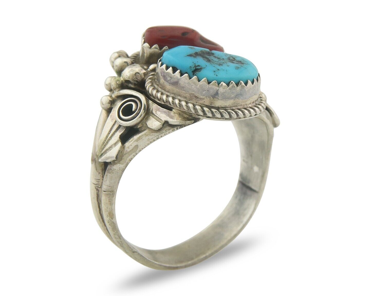 Men Navajo Ring 925 Sterling Natural Coral & Turquoise Signed JM C.80's Sz 12.75