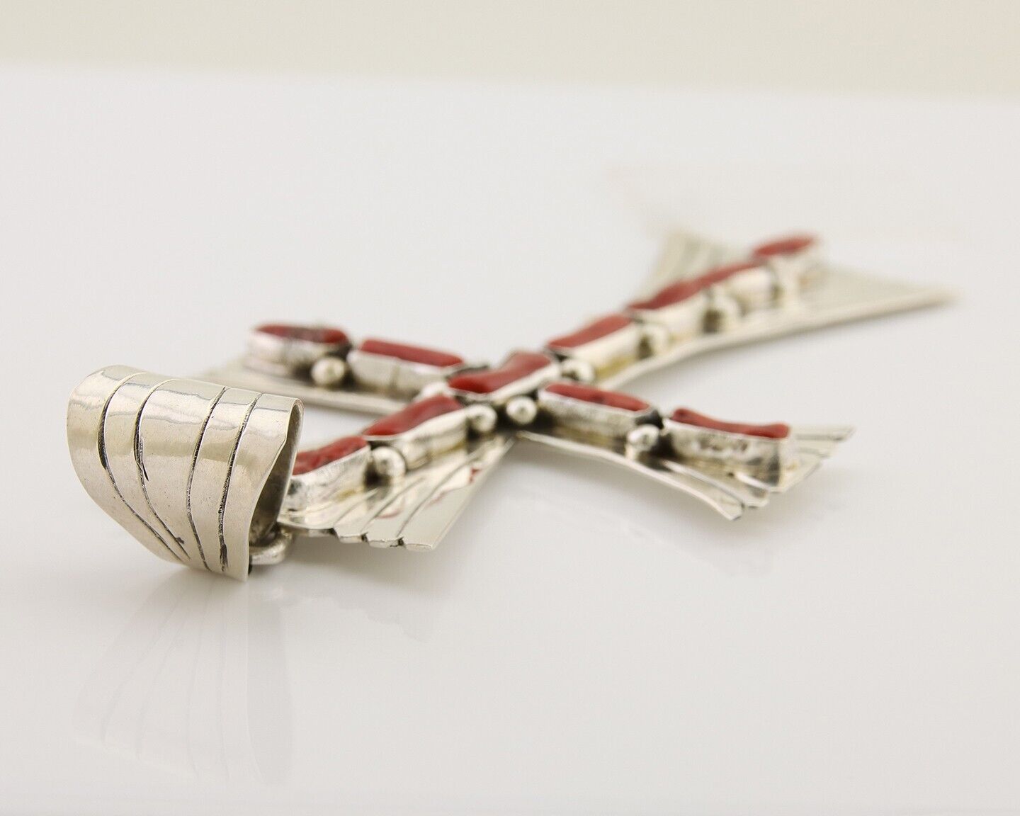 Large Navajo Cross Pendant 925 Silver Mediterranean Coral Artist Signed JB C.80s