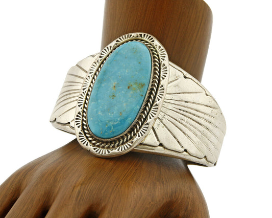 Navajo Stone Cutter Dick Zachary .925 Silver Nat Turquoise Cuff