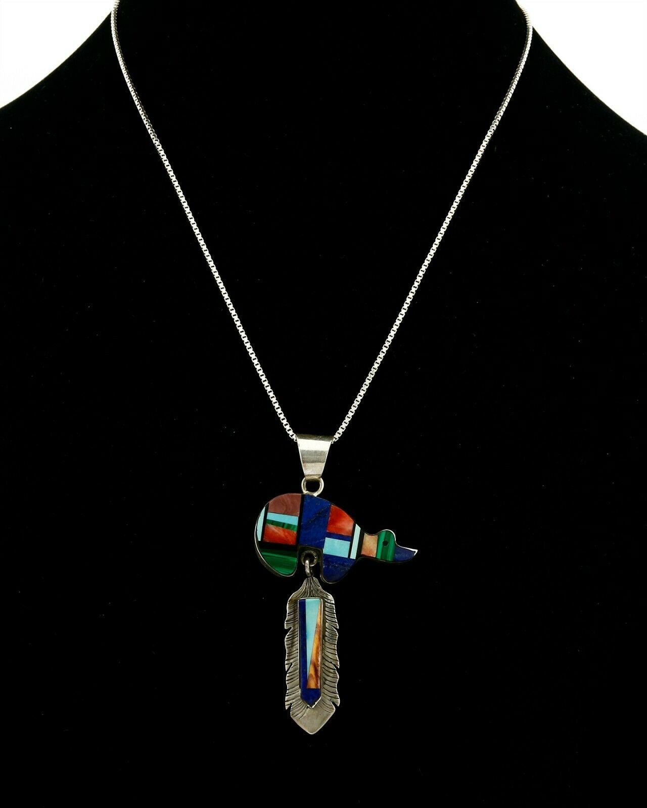 Navajo Inlaid Gemstone Pendant .925 Silver Handmade Signed F Yazzie C.80's