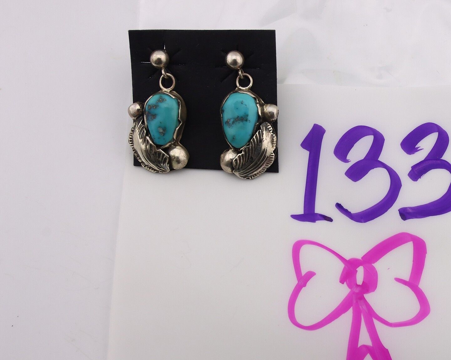 Zuni Dangle Handmade Earrings 925 Silver Blue Turquoise Native Artist C.80's