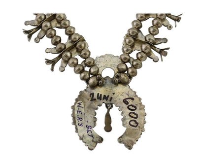 Zuni Squash Necklace 925 Silver Turquoise Signed Leonard & Lula Weebothee 1981