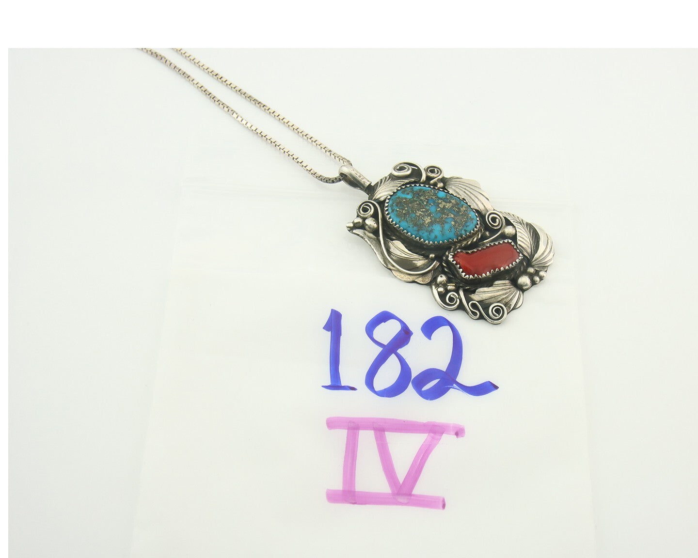 Navajo Necklace 925 Silver Morenci Turquoise & Coral Signed Justin Morris