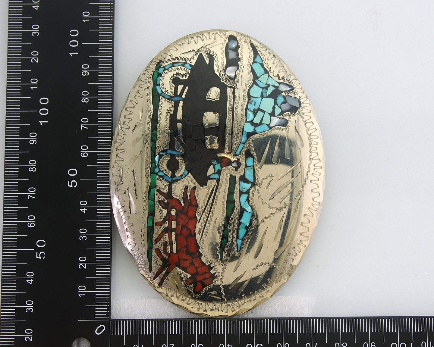 Navajo Belt Buckle .999 Nickel Gemstone Handmade Signed AL 3.0 x 4.0 in C.80s