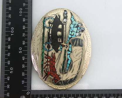 Navajo Belt Buckle .999 Nickel Gemstone Handmade Signed AL 3.0 x 4.0 in C.80s