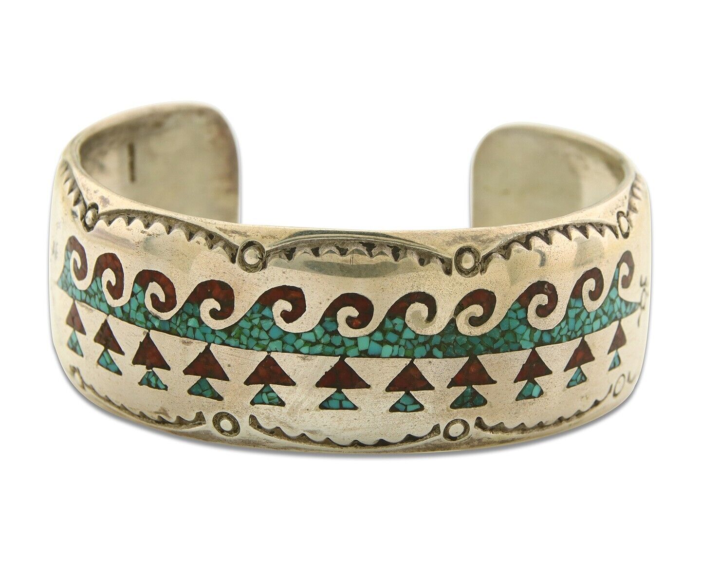 Men Navajo Bracelet 925 Silver Inlaid Coral & Turquoise Artist Signed LB C.80's