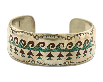 Men Navajo Bracelet 925 Silver Inlaid Coral & Turquoise Artist Signed LB C.80's