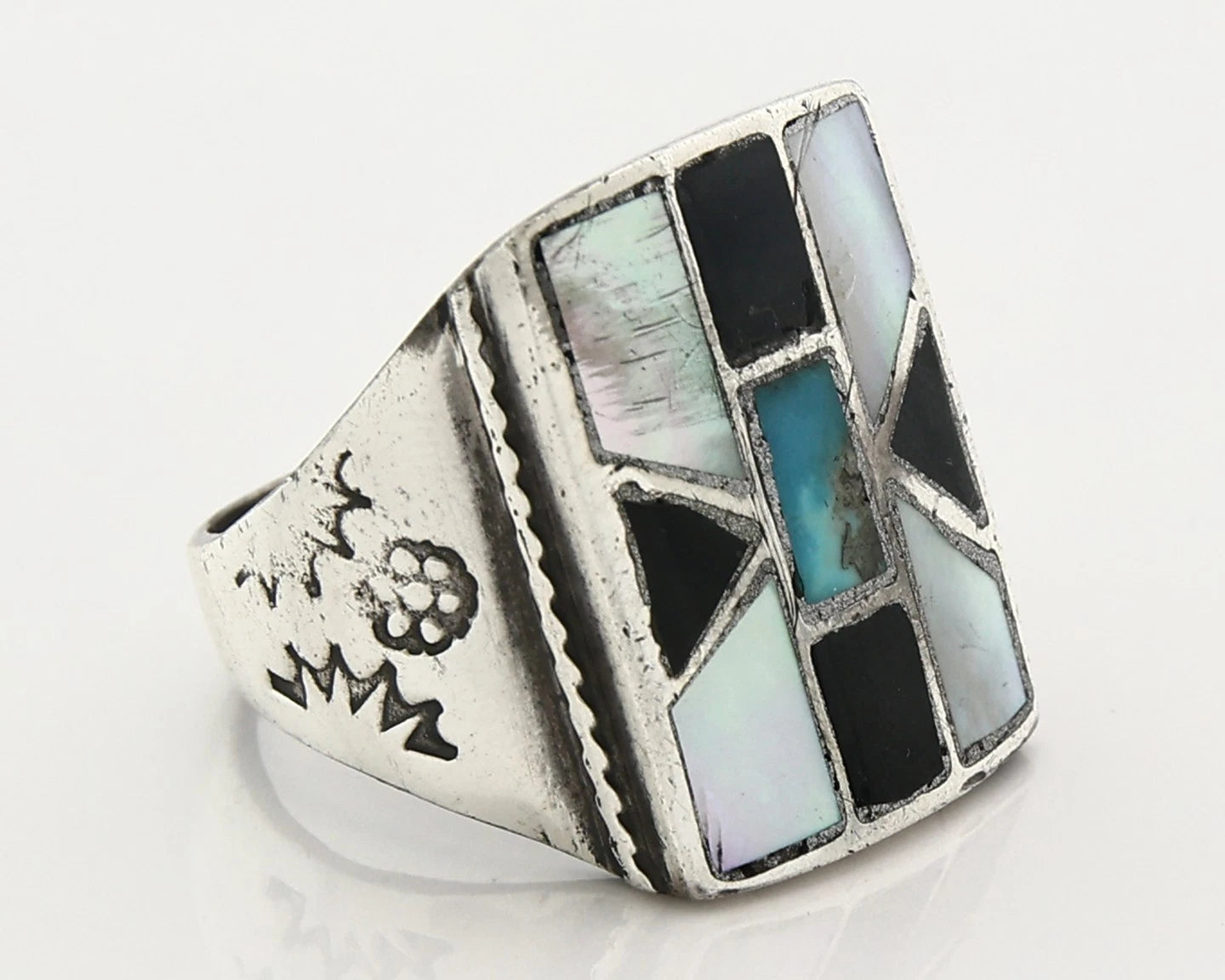 Men Navajo Ring Sterling Silver Natural Gemstones Handmade Vintage Size 11