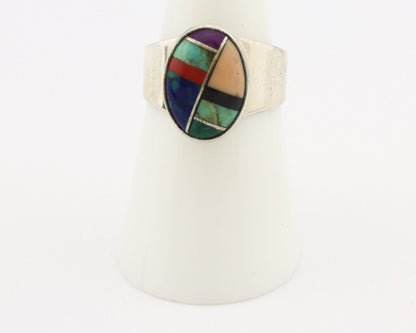 Zuni Inlaid Ring 925 Silver Mixed Natural Gemstones Native American Artist C.80s