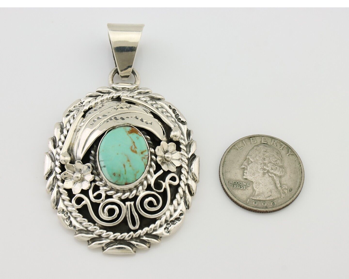 Navajo Pendant 925 Silver Kingman Turquoise Native American Artist C.80s