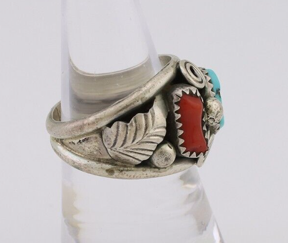 Navajo Ring 925 Silver Natural Coral Turquoise Natural American Artist C.80's