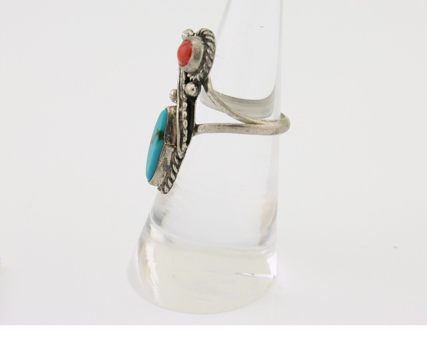 Navajo Handmade Ring 925 Silver Coral & Turquoise Native Artist C.80's