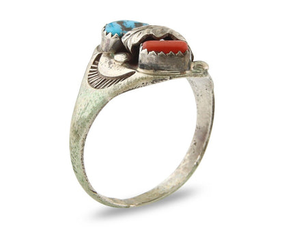 Navajo Ring 925 Sterling Turquoise & Coral Native Artist C.80's Size 10.75