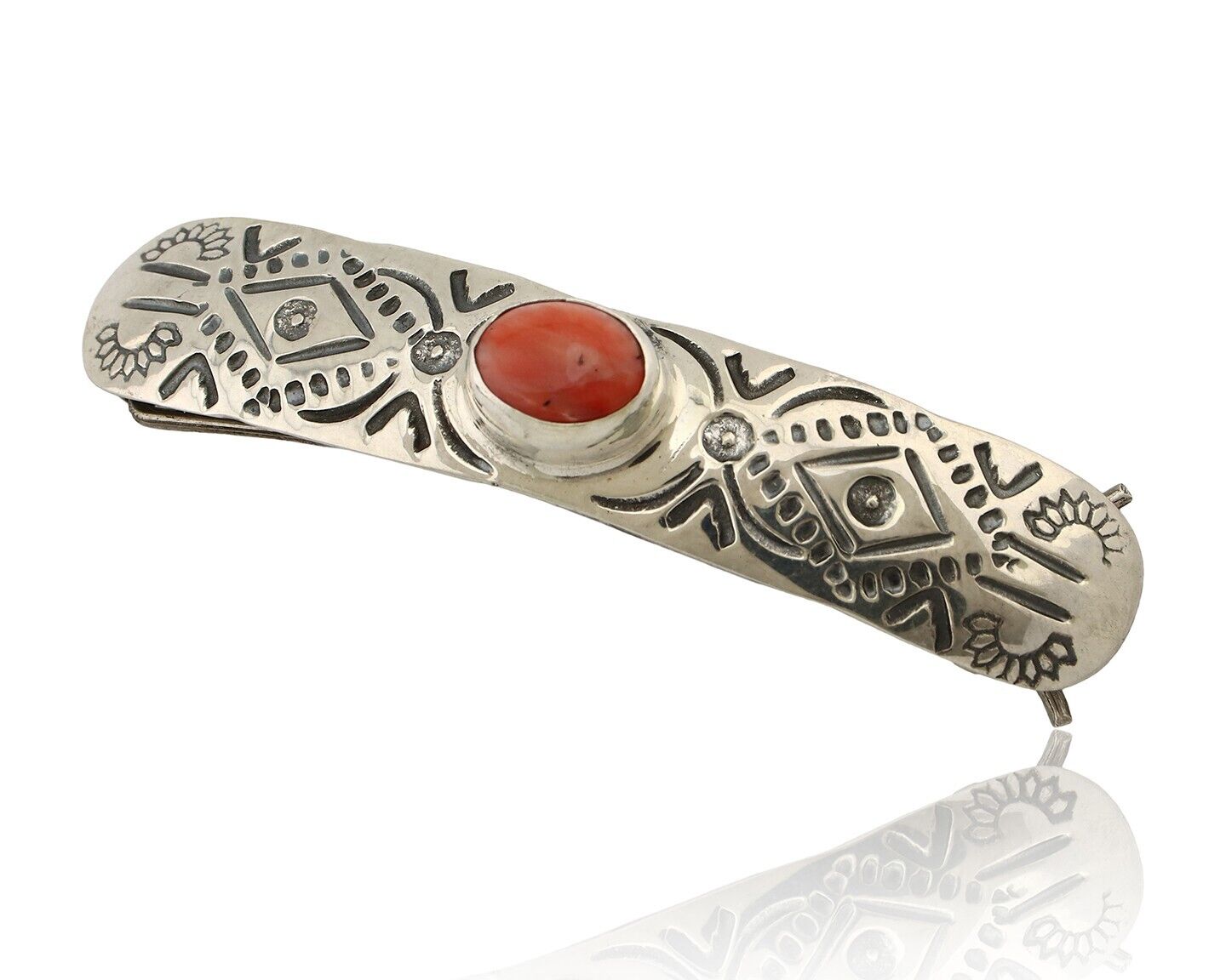 Women Navajo Hair Clip Barrette 925 Silver White Red Spiney Oyster Native Artist