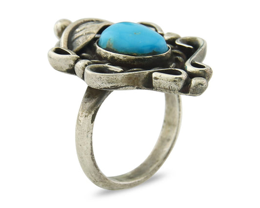 Traditional Navajo Ring Sterling Silver Authentic Turquoise Signed JM Size 6.75