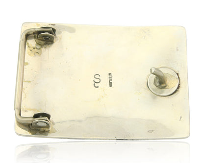 Vintage Navajo Belt Buckle 925 Silver Inlaid Gemstone Signed Stanley Bain C.80's