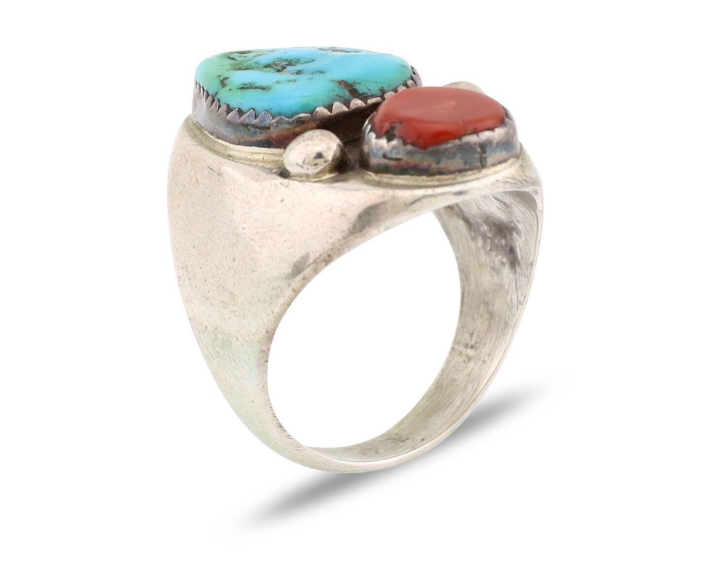 Navajo Ring 925 Silver Sleeping Beauty Turquoise & Coral Native Artist C.80s