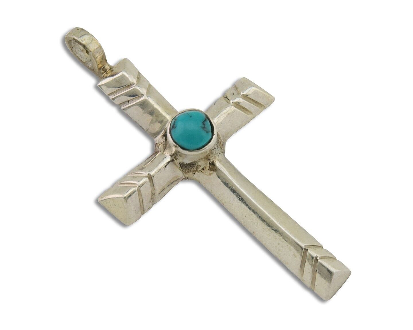 Navajo Sand Cast Cross Pendant 925 Silver Turquoise Artist Signed J Yazzie C.80s