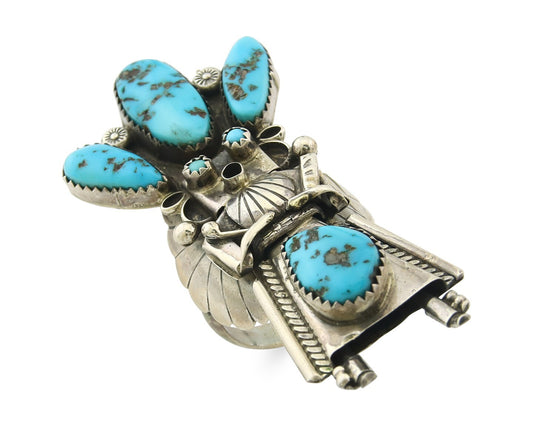 Vintage Navajo Ring Sterling Silver Turquoise Handmade Signed MO Size 10.5