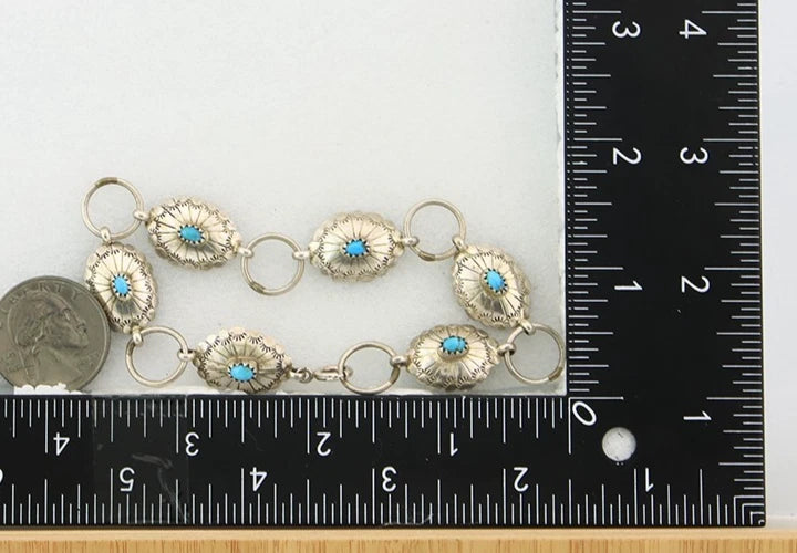 Navajo Concho Bracelet Sterling Silver Turquoise Hand Stamped Signed A.J.